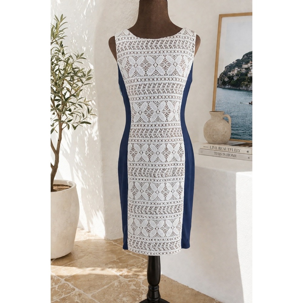Anne Klein Dress Women 6 Navy White Lace Panel Sleeveless Career Chic Tailored